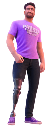 A muscular man standing confidently on a prosthetic leg