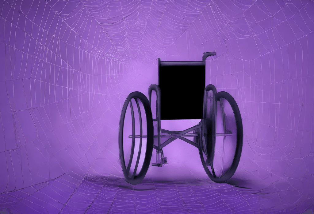A wheelchair gazes ahead at a tunnel made out of a spider's web. The path through it is foggy and unclear.