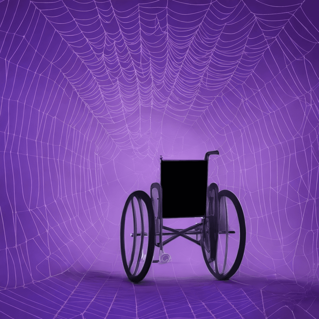 A wheelchair gazes ahead at a tunnel made out of a spider's web. The path through it is foggy and unclear.