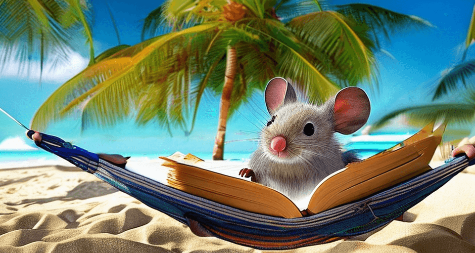 'Oh, you've caught me!' is the expression on this mouse's face as he chills out in a hammock on a sunny beach reading a book